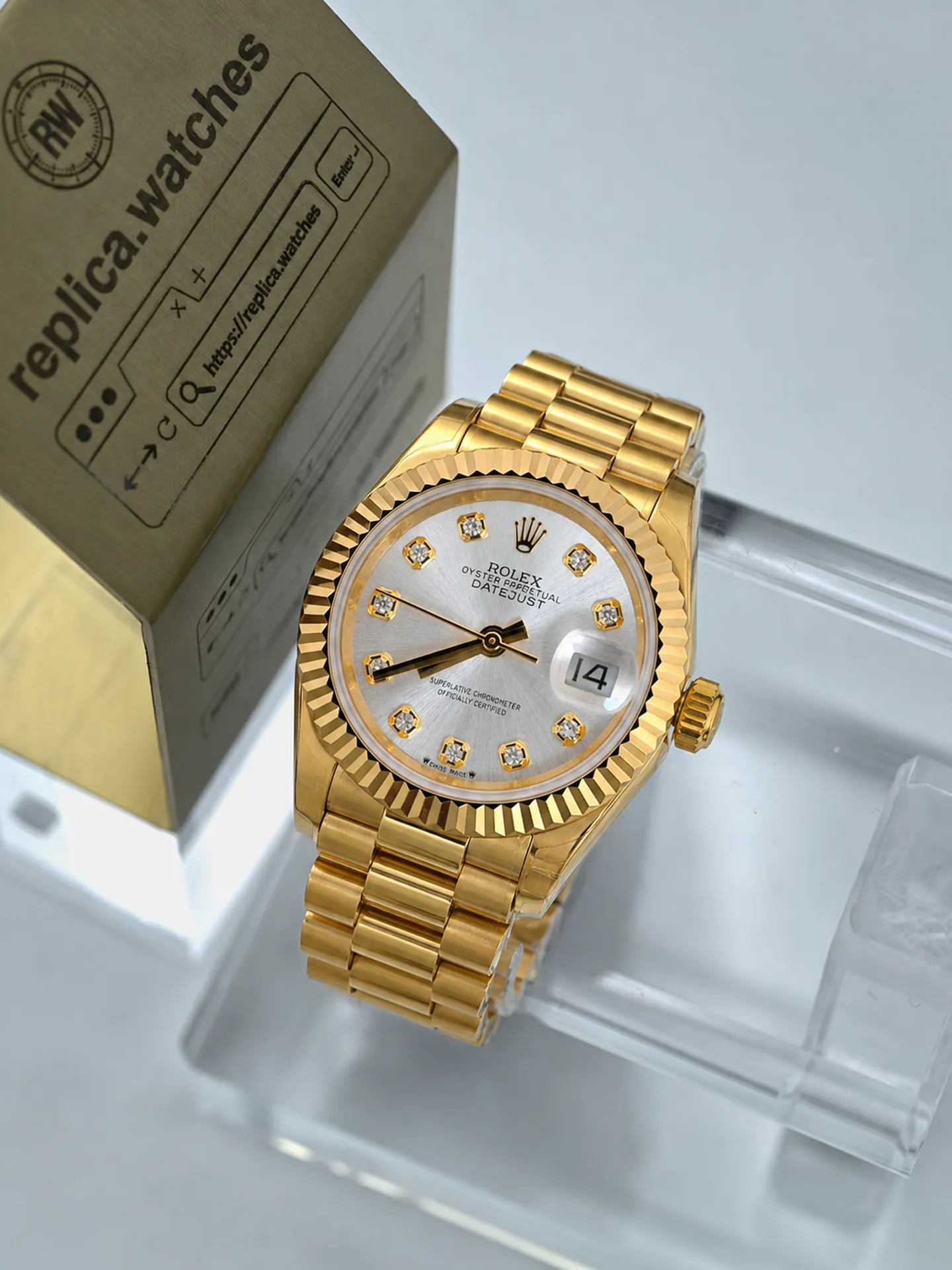 Replica Rolex Lady-Datejust M279178-0015 Mother of Pearl Diamond Dial 28mm Yellow Gold GS Factory Watch