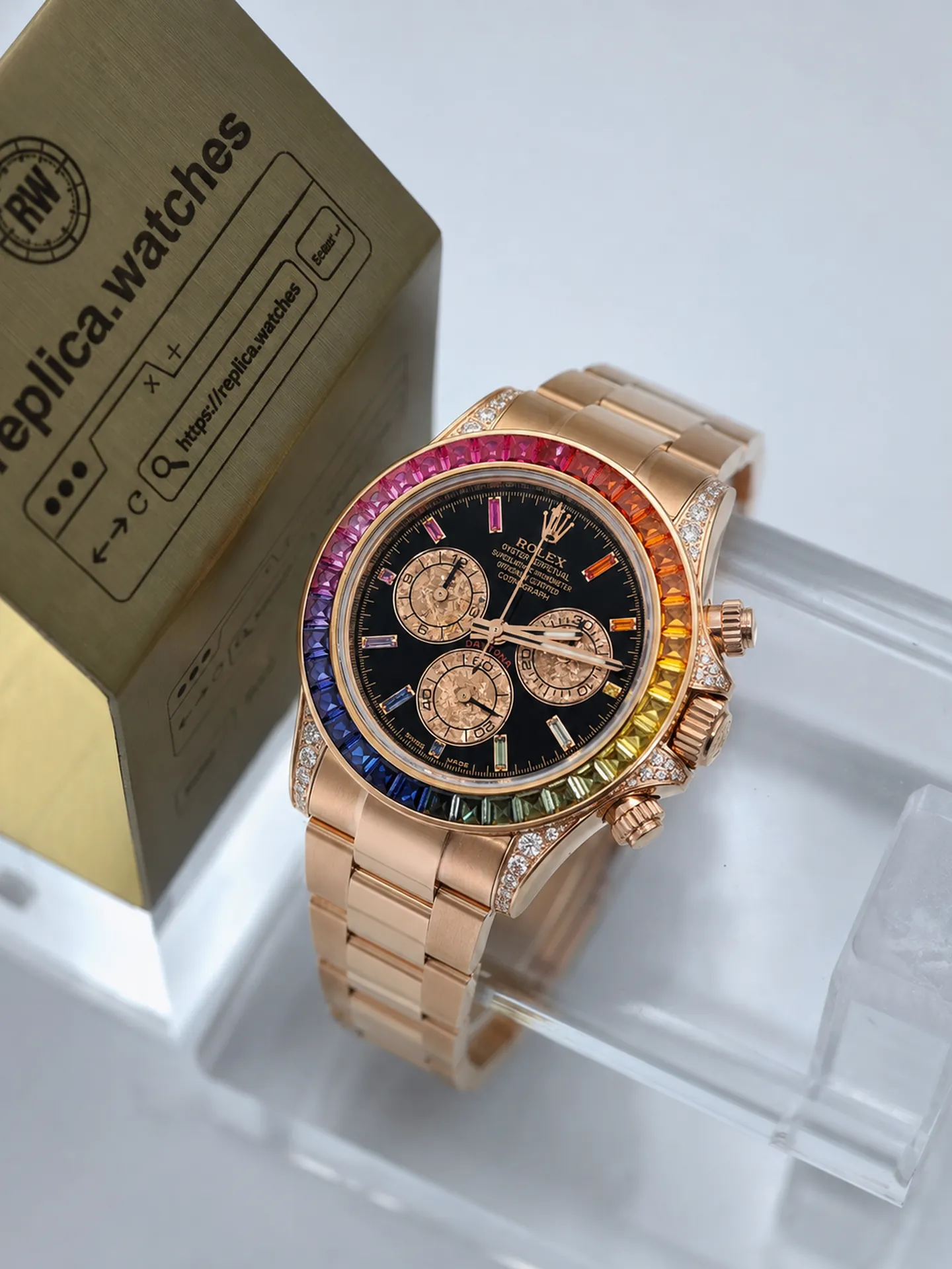 Replica Rolex Daytona Rainbow 116595RBOW Black Dial Rainbow Sapphire Bezel 40mm Everose Gold N6 Factory Watch