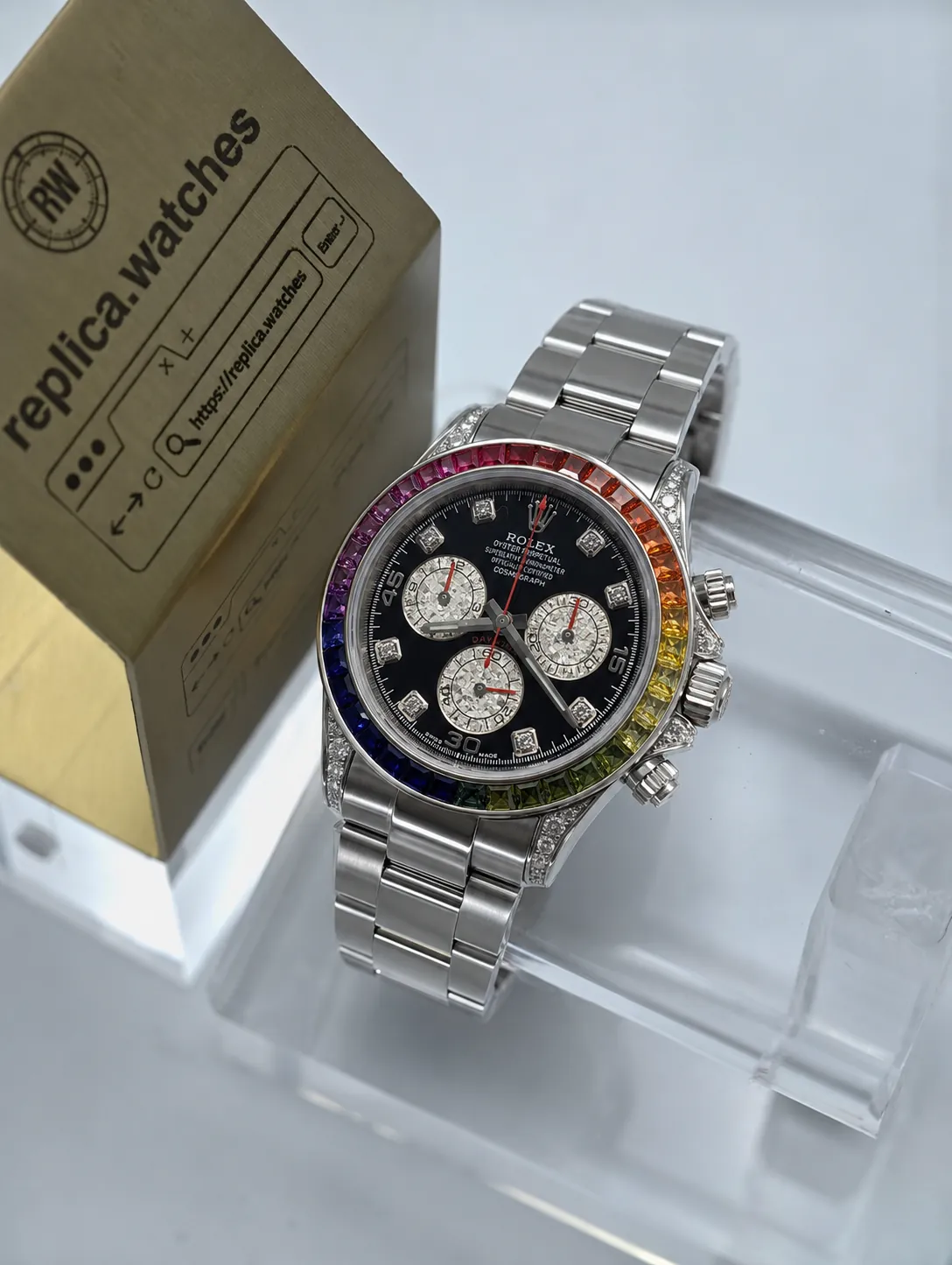 Replica Rolex Daytona 116599RBOW 40mm Rainbow Bezel Full Diamond Dial 904L Steel 4131 Watch Z Factory