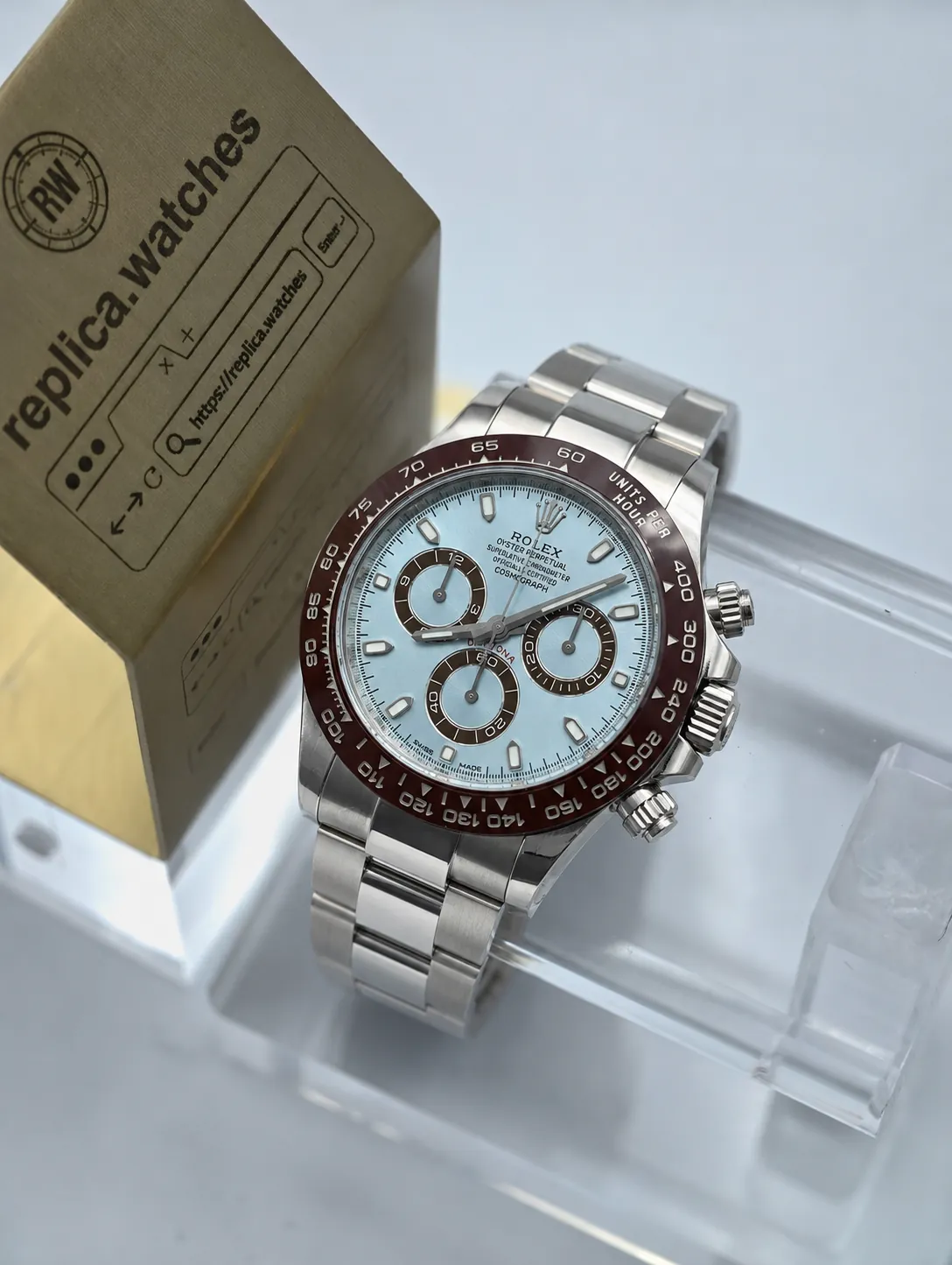 Super Clone Heavy Rolex Daytona M116506-0001 Ice Blue Dial Brown Bezel 4130 Chronograph Watch VS Factory
