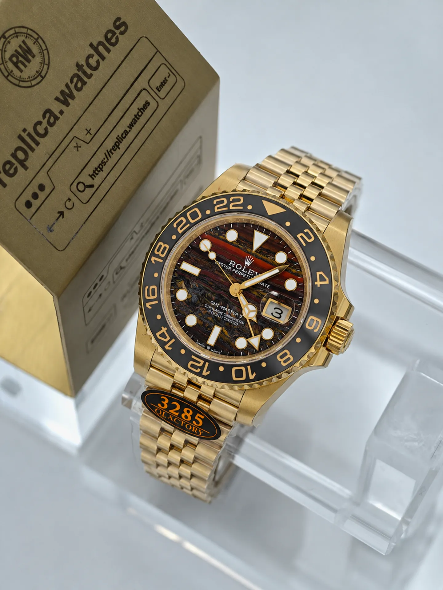 Replica Rolex GMT-Master II M126718GRNR-0002 Tiger Eye Dial 40mm Yellow Gold Heavy Version Q Factory Watch