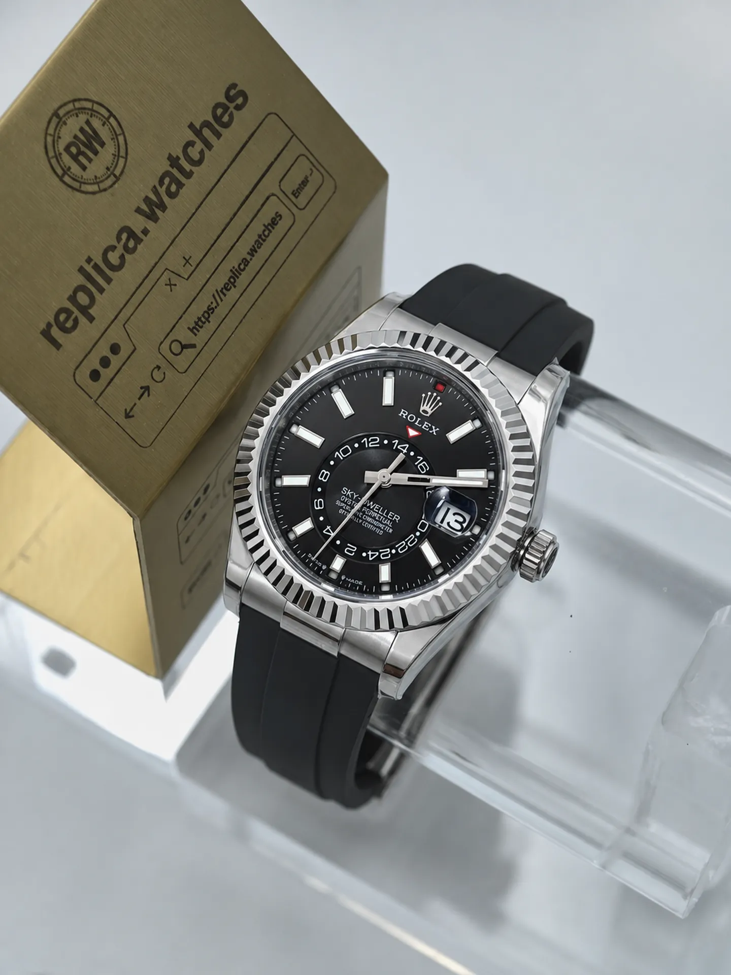 Replica Rolex Sky-Dweller M336239-0002 Black Dial 42mm White Gold Oysterflex Heavy Version Watch