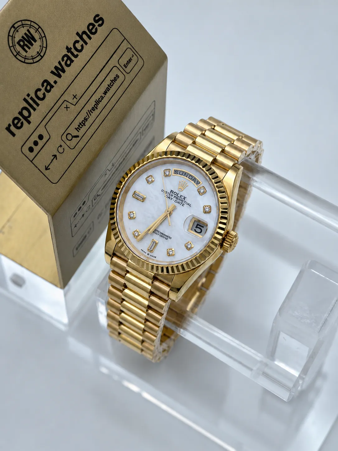 Rolex Day-Date 128238 36mm 3255 Movement QF Super Clone White Mother of Pearl Watch