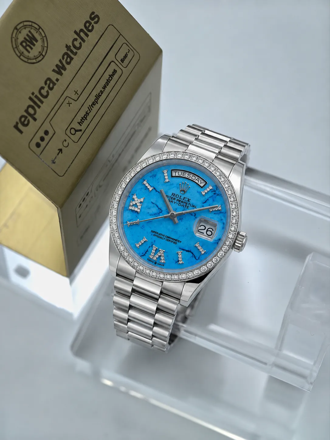 Rolex Day-Date 128396 36mm Replica 3255 Movement Turquoise Dial 904L Steel Diamond Bezel Watch