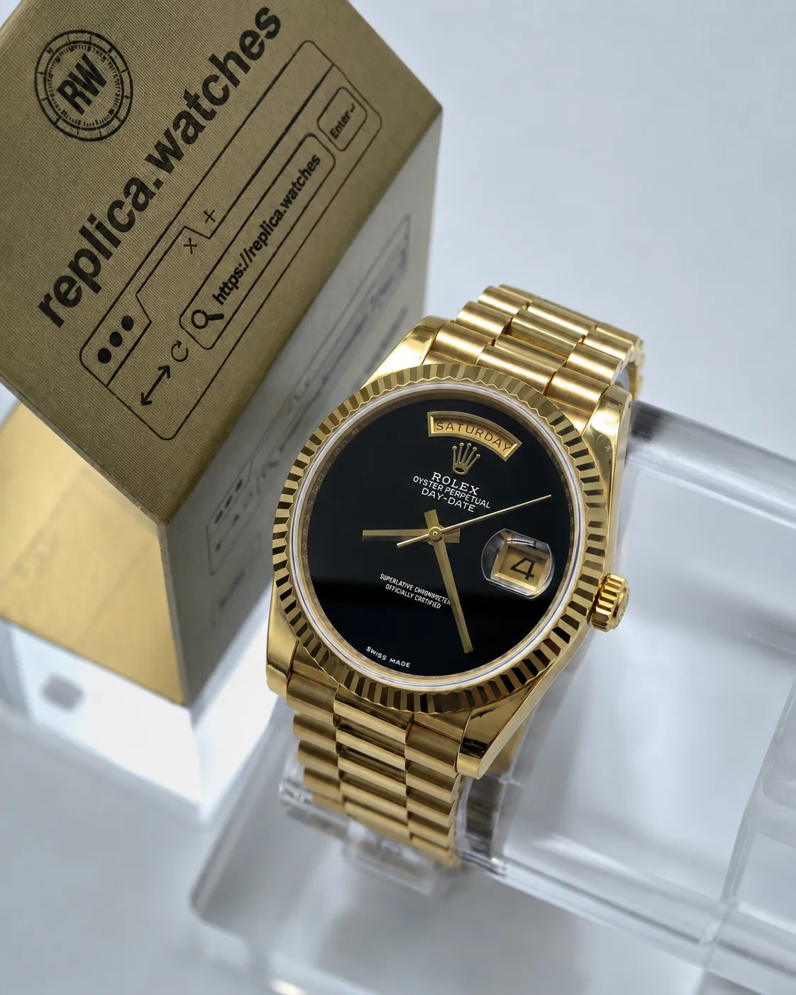 Rolex Day-Date 18238 36mm 3155 Movement Minimalist Black Dial Gold-Tone Replica Watch