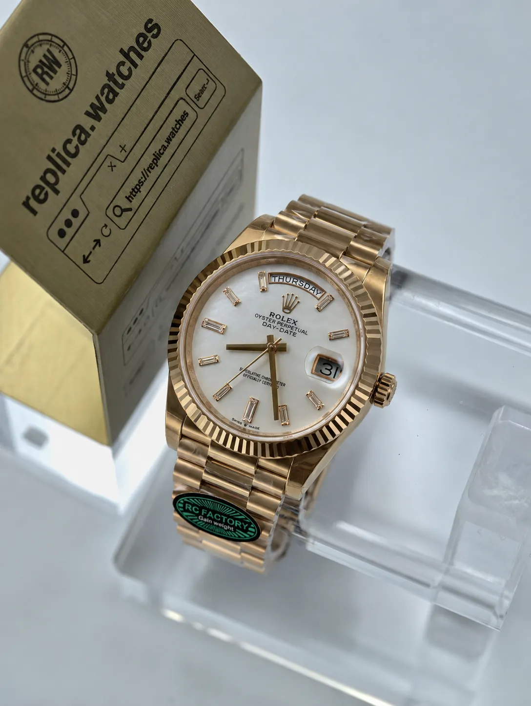 Rolex Day-Date M228235-0056 40mm 3255 Movement RC White Mother of Pearl Weighted Replica Watch