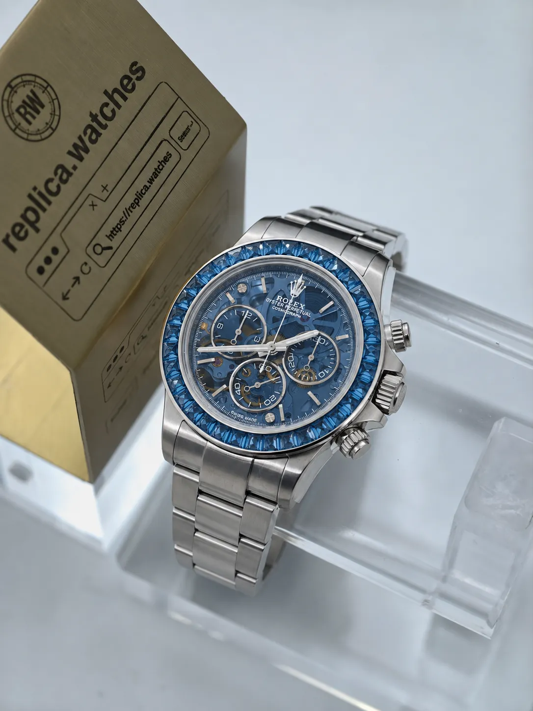 Rolex Daytona Arolla 40mm 4130 Movement 904L Stainless Steel Blue Skeleton Super Clone Watch