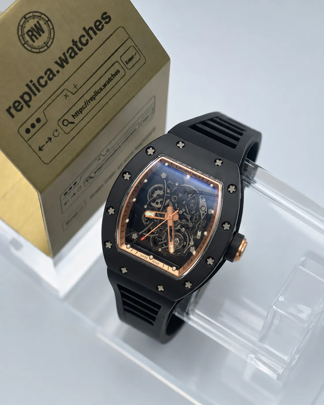 Richard Mille RM 055 49.90x42.70mm Black Ceramic Skeleton Super Clone Technical Tonneau Watch