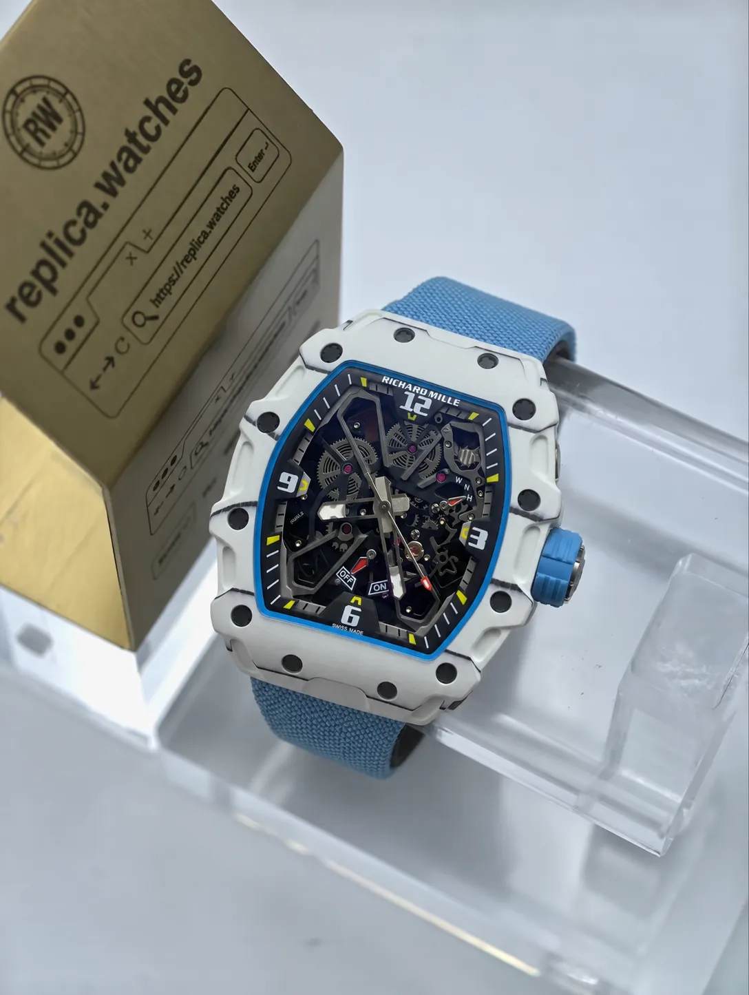 Richard Mille RM 35-03 Automatic White Blue Openworked Replica Carbon Fiber Watch