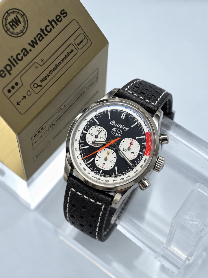 Breitling Top Time B01 Deus AB01765A1B1X1 Clone Watch Black Dial Steel Case Leather Strap Cal.B01 Movement