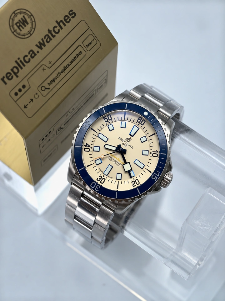 Breitling Superocean 42 A17375E71G1A1 Silver Cream Dial Blue Ceramic Bezel Cal.17 Automatic Watch 1:1 Clone