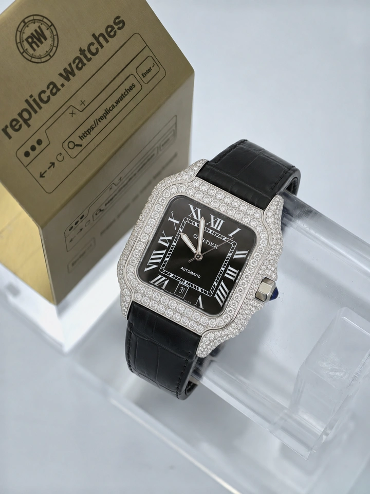 Cartier Santos de Cartier WSSA0039 Customized Clone Watch 40mm Black Dial with Moissanite Bezel Clone Cal.1847 MC Movement