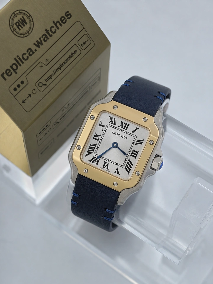 Cartier Santos-Dumont W2SA0016 Clone Watch 27mm Silver Sunray Dial Rose Gold Bezel Blue Leather Strap Super Clone