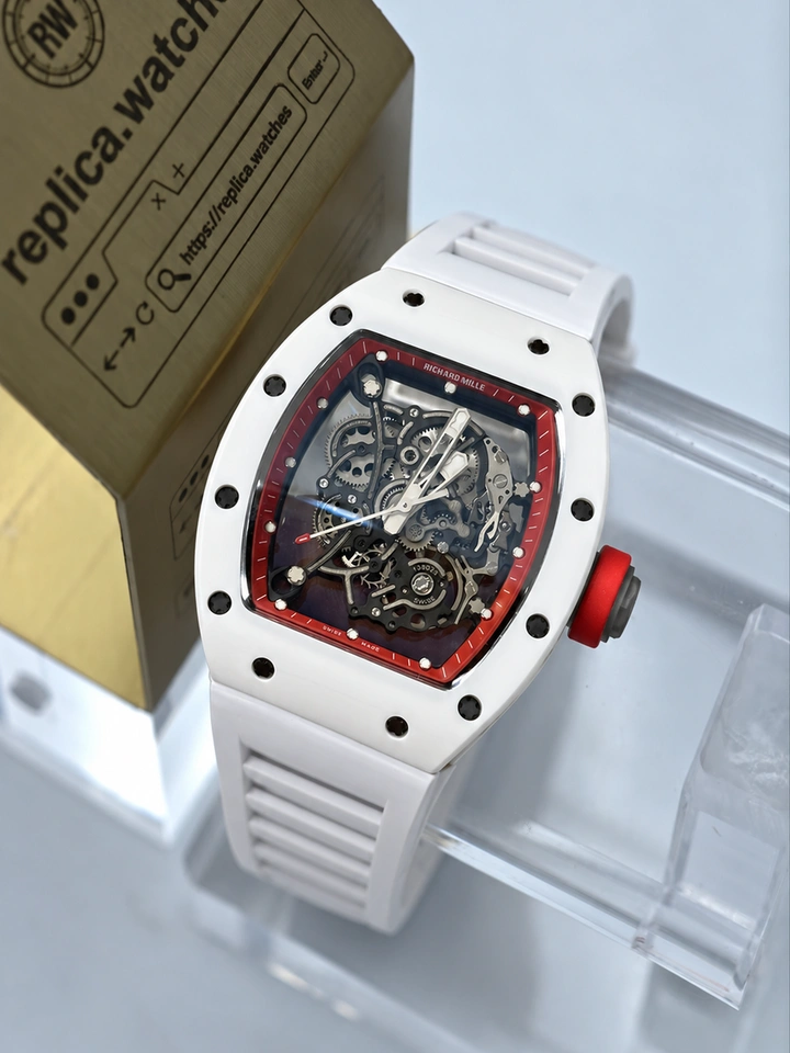 Richard Mille RM 055 Asia Red Rehaut White Ceramic Clone Watch RMUL2 Skeletonized Manual Winding Movement