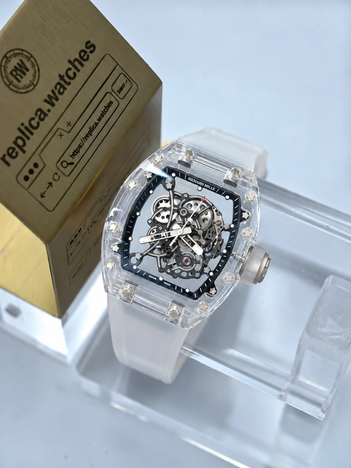 Richard Mille RM 055 Bubba Watson Transparent Sapphire Clone Watch RMUL2 Skeleton Movement White Rubber Strap