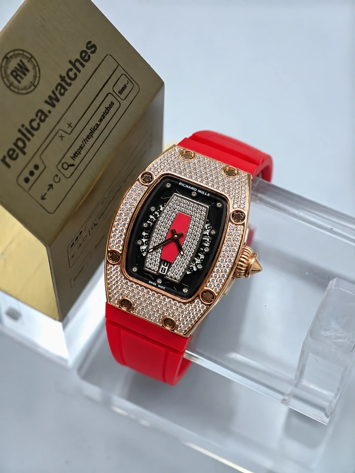 Richard Mille RM 07-01 Red Lips Snowflake Diamond Rose Gold Clone Watch Black Onyx Dial Super Clone
