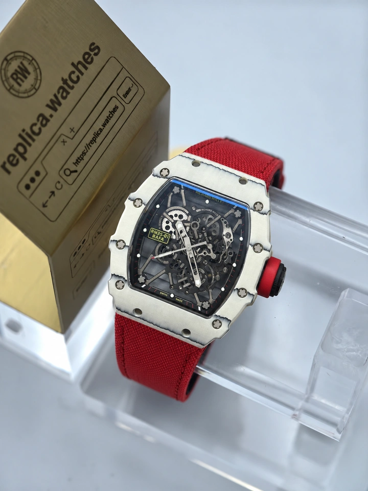 Richard Mille RM 35-01 Rafael Nadal White Carbon Fiber Red Fabric Strap 1:1 Clone Watch Skeleton Dial