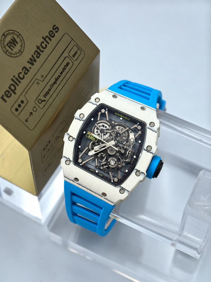 Richard Mille RM 35-01 Rafael Nadal White Carbon Fiber Blue Strap Clone Watch Skeleton Dial Manual Movement
