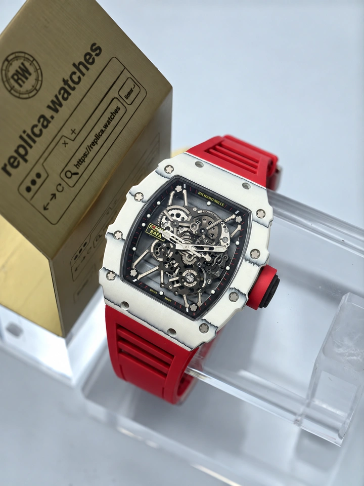 Richard Mille RM 35-01 White Carbon Fiber Red Strap Super Clone Watch Skeleton Manual Winding Luxury Timepiece