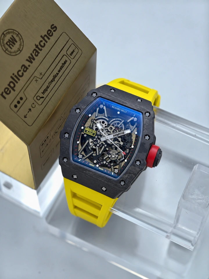 Richard Mille RM 35-02 Rafael Nadal Yellow Rubber Strap Clone Watch Carbon Fiber Skeleton Dial RMAL1