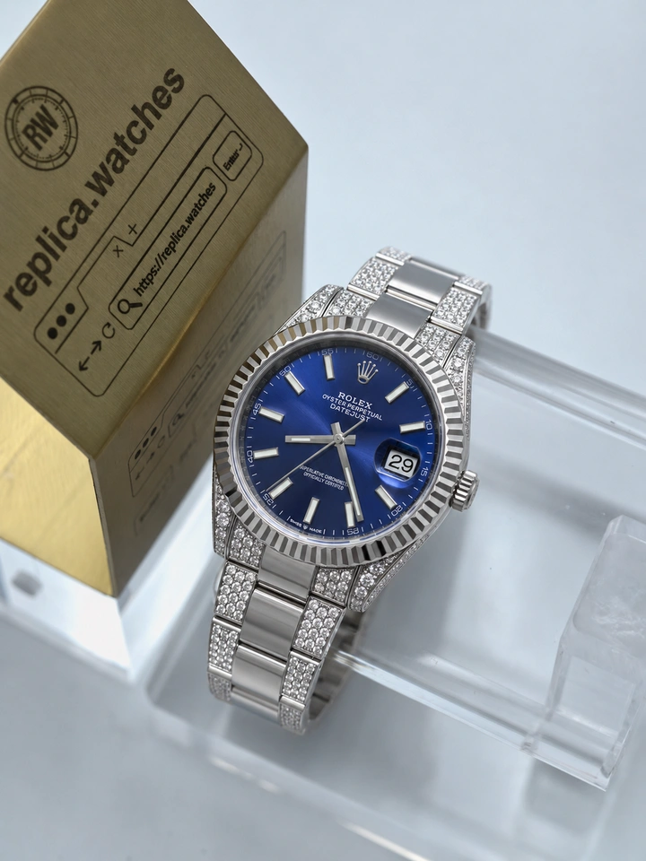 Rolex Datejust M126334-0001 41mm Blue Dial Super Clone Watch with VS Factory Custom Moissanite Setting