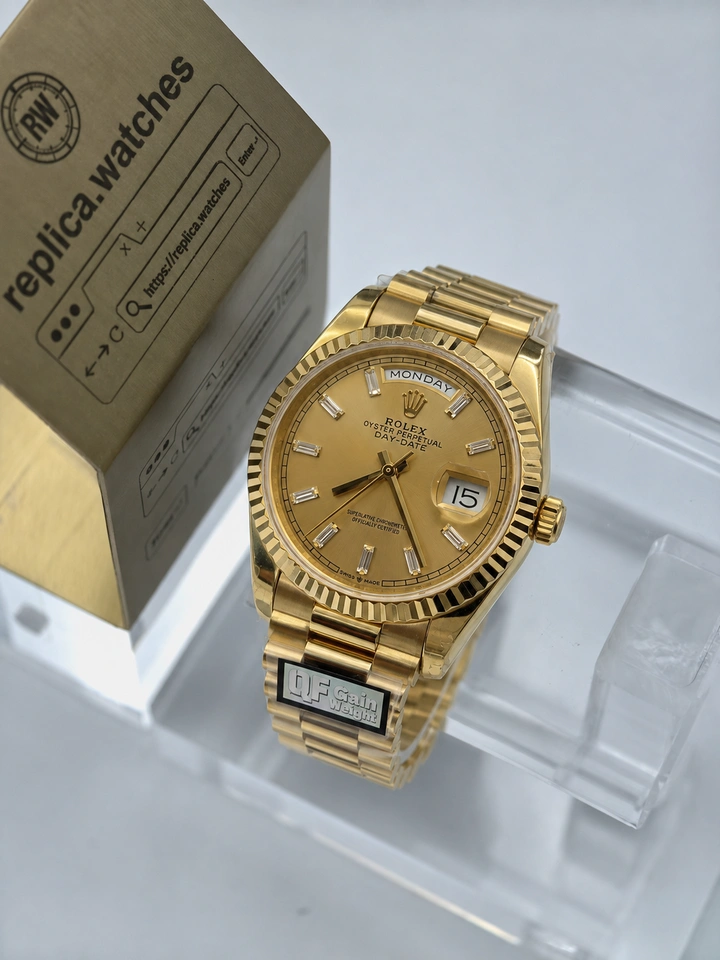 Rolex Day Date M128238-0132 Clone Watch 36mm Champagne Diamond Dial 18K Gold Finish  Super Clone