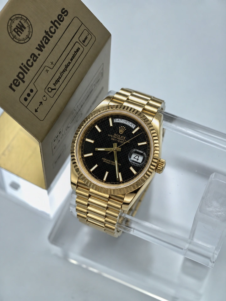 Rolex Day-Date M228238-0007 Clone Watch 40mm Black Diagonal Motif Dial Super Clone Cal.3255 Gold Edition