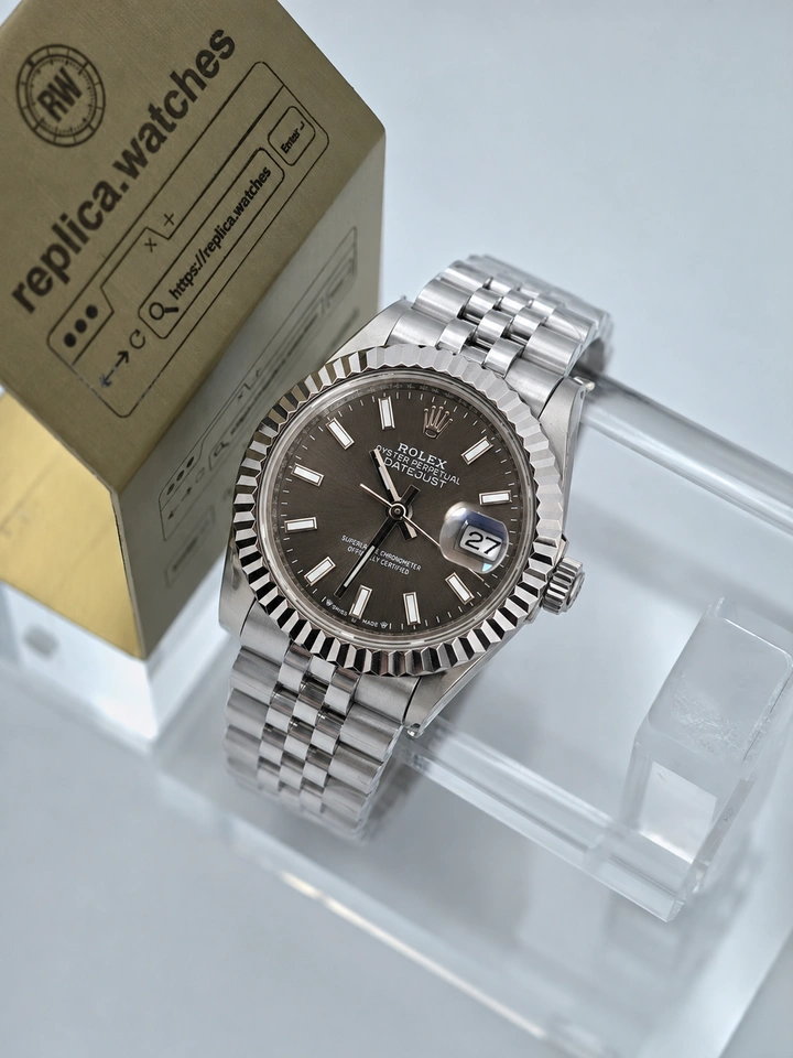 Rolex Lady-Datejust M279174-0011 28mm Grey Sunburst Dial Super Clone Watch with 904L Steel Jubilee Bracelet