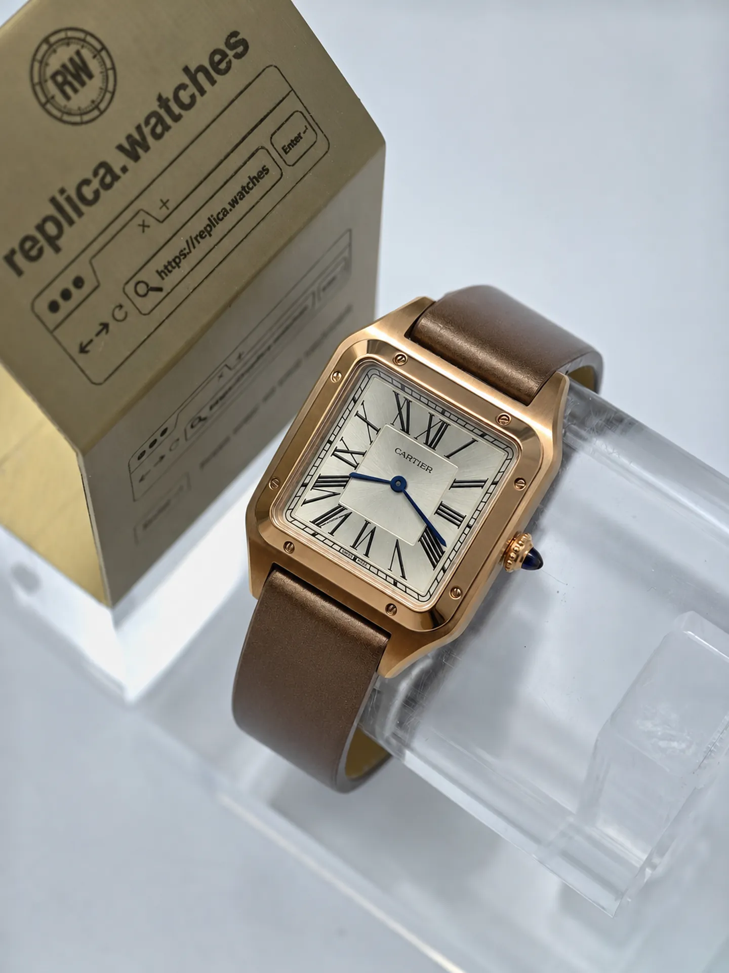 Replica Cartier Santos Dumont WGSA0021 Silver Dial 43.5mm Rose Gold Brown Strap Watch