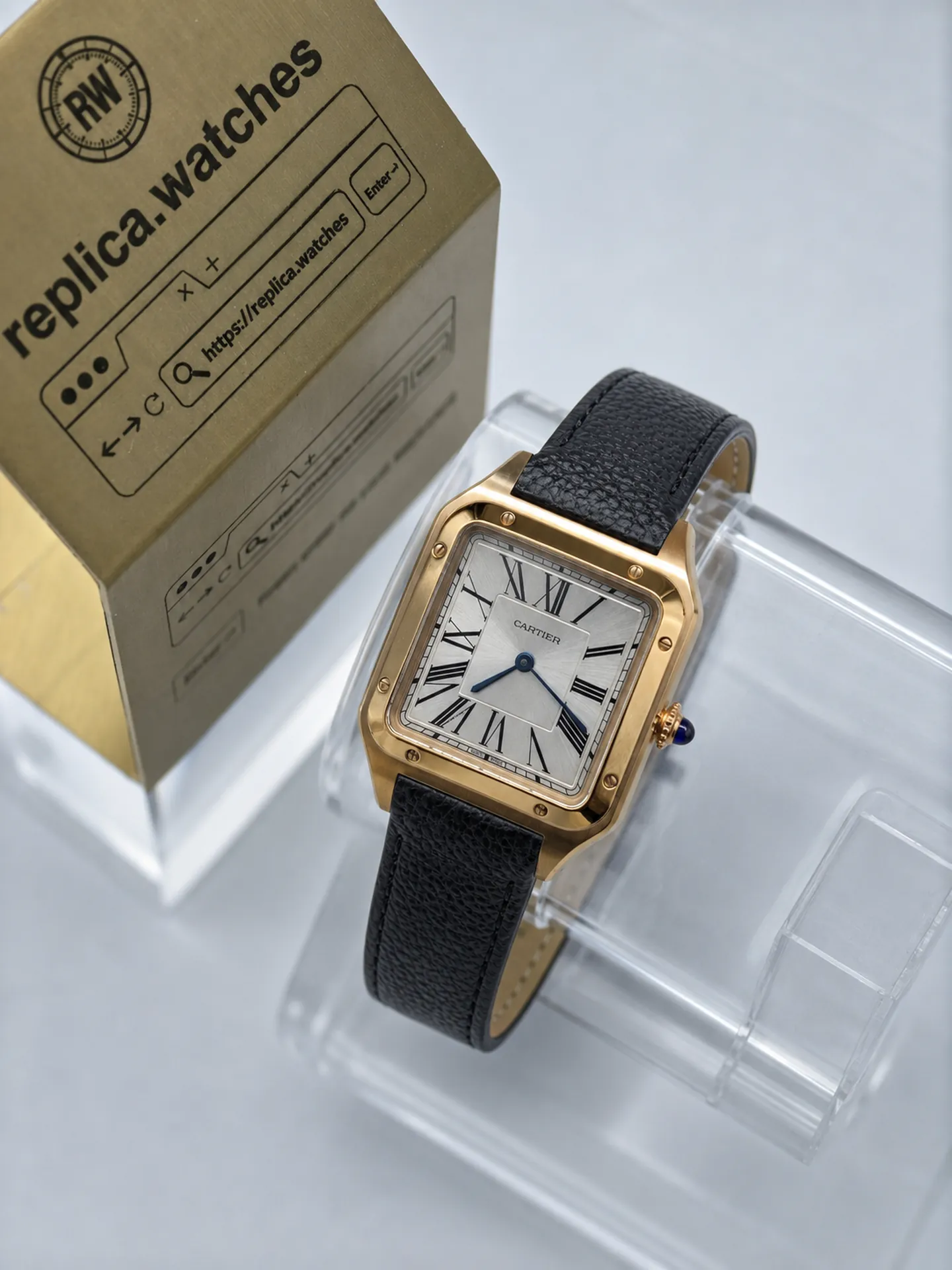 Replica Cartier Santos Dumont WGSA0021 Silver Dial 43.5mm Rose Gold Black Strap Watch