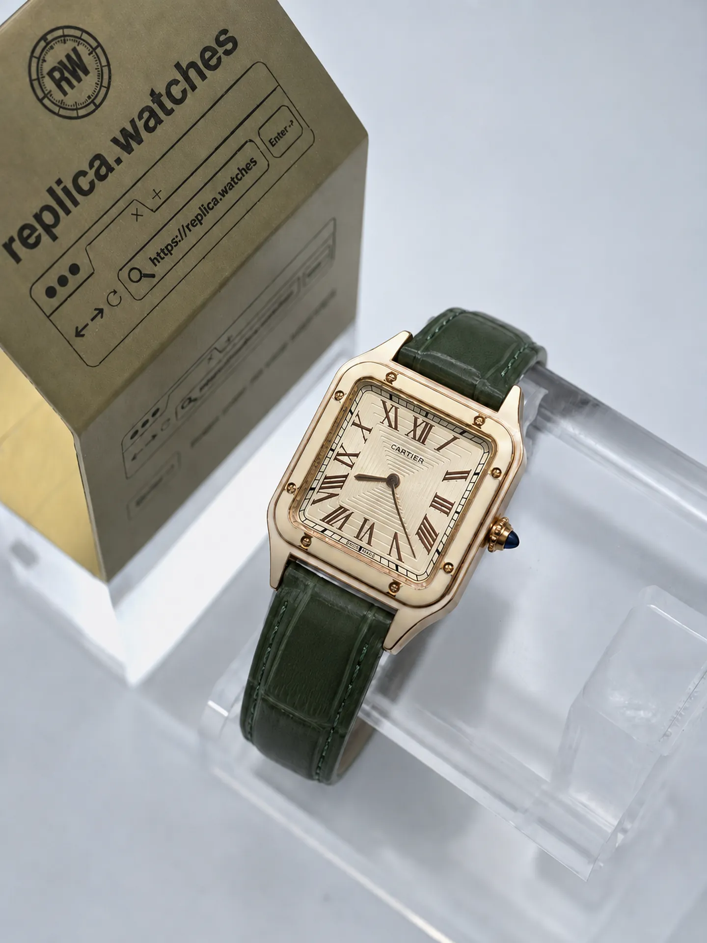 Replica Cartier Santos Dumont WGSA0054 Gold Dial 43.5mm Rose Gold Green Strap Watch