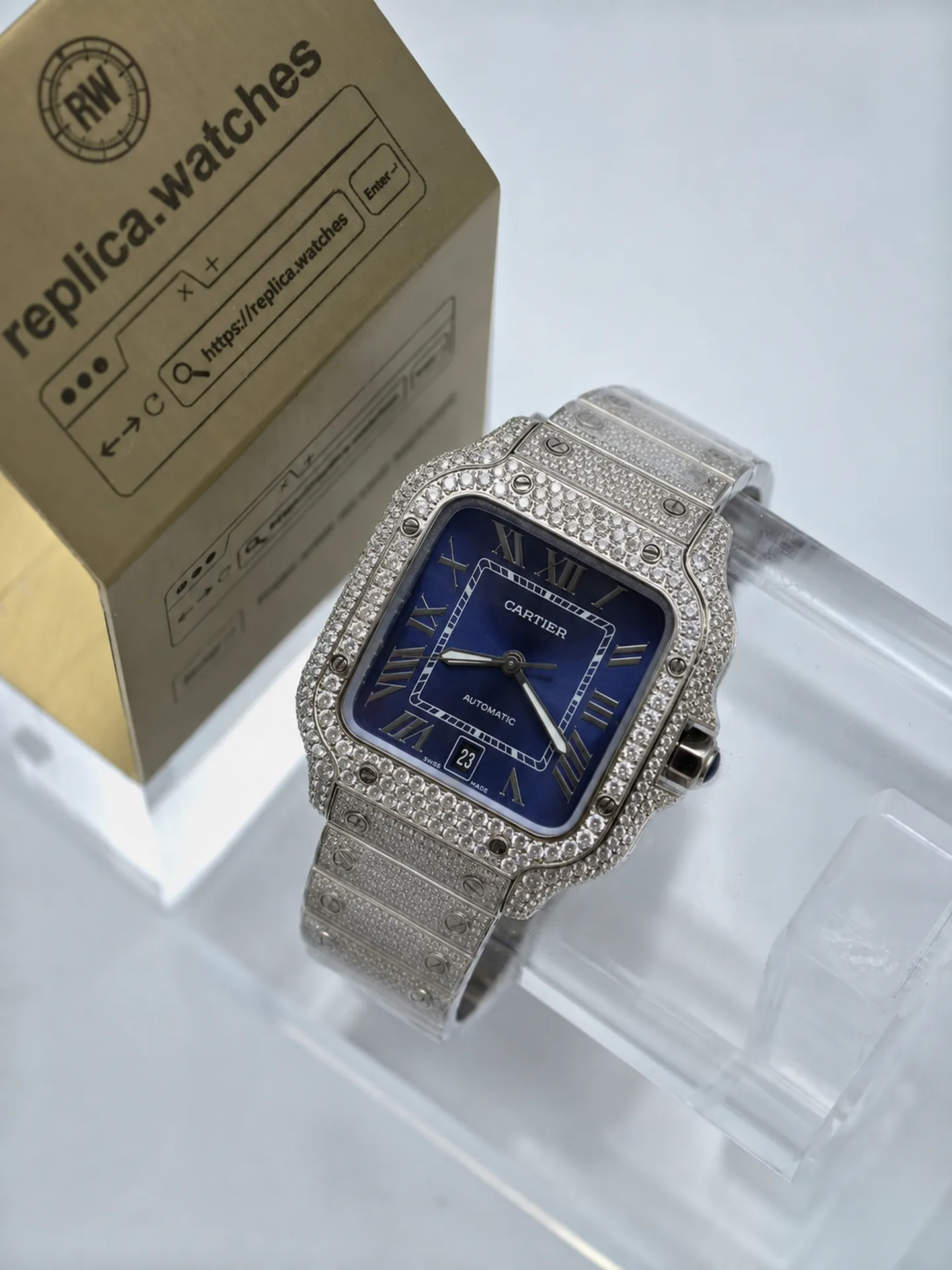 Replica Cartier Santos WSSA0013 Blue Roman Dial 40mm Steel Full Diamond Watch