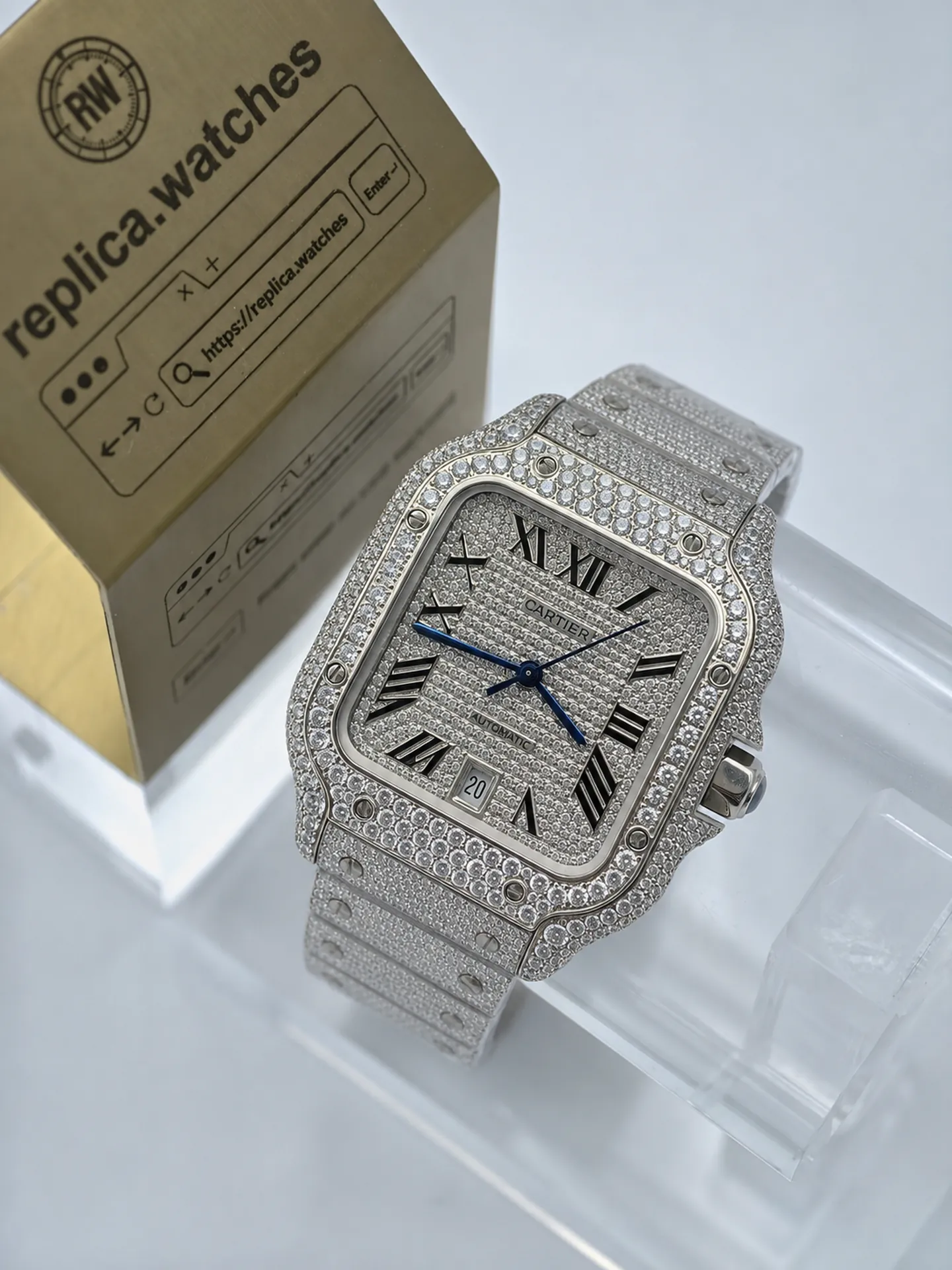 Replica Cartier Santos WSSA0018 Full Diamond Dial 39.8mm Steel Iced Out Watch