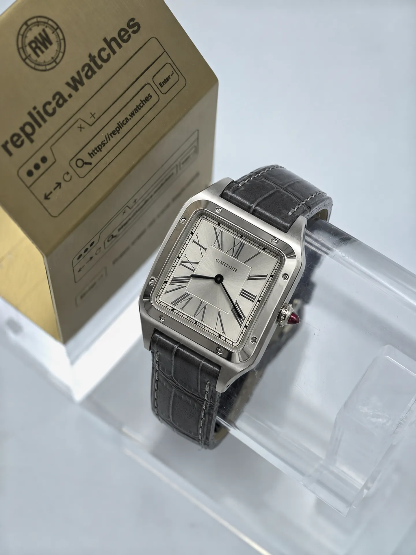 Replica Cartier Santos Dumont WSSA0022 Silver Dial 43.5mm Steel Black Strap Watch