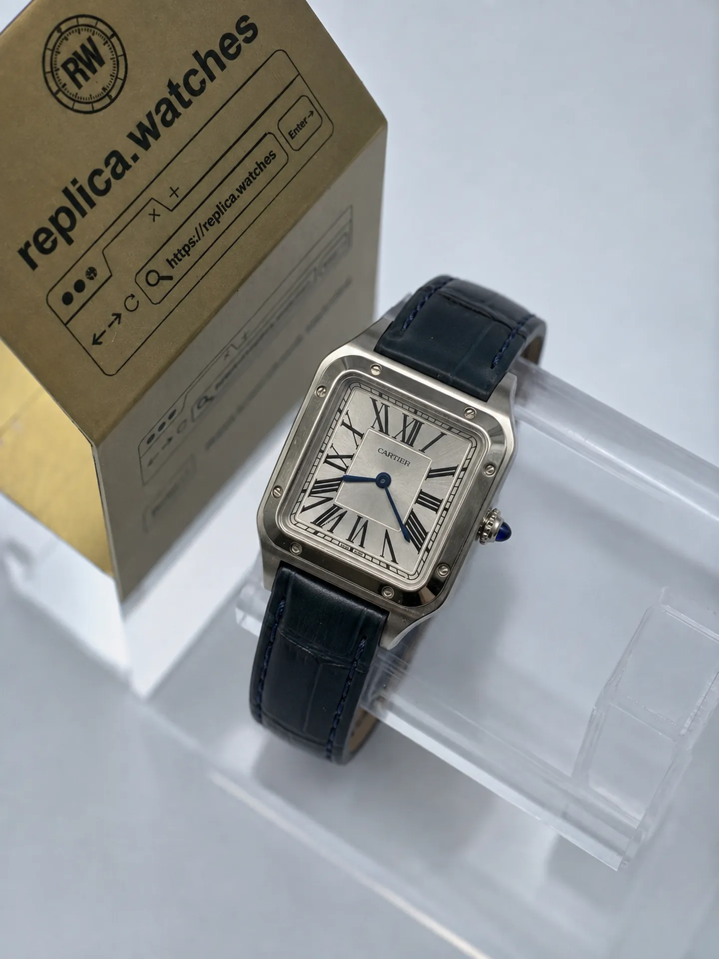 Replica Cartier Santos Dumont WSSA0086 Silver Dial 38mm Steel Blue Strap Watch