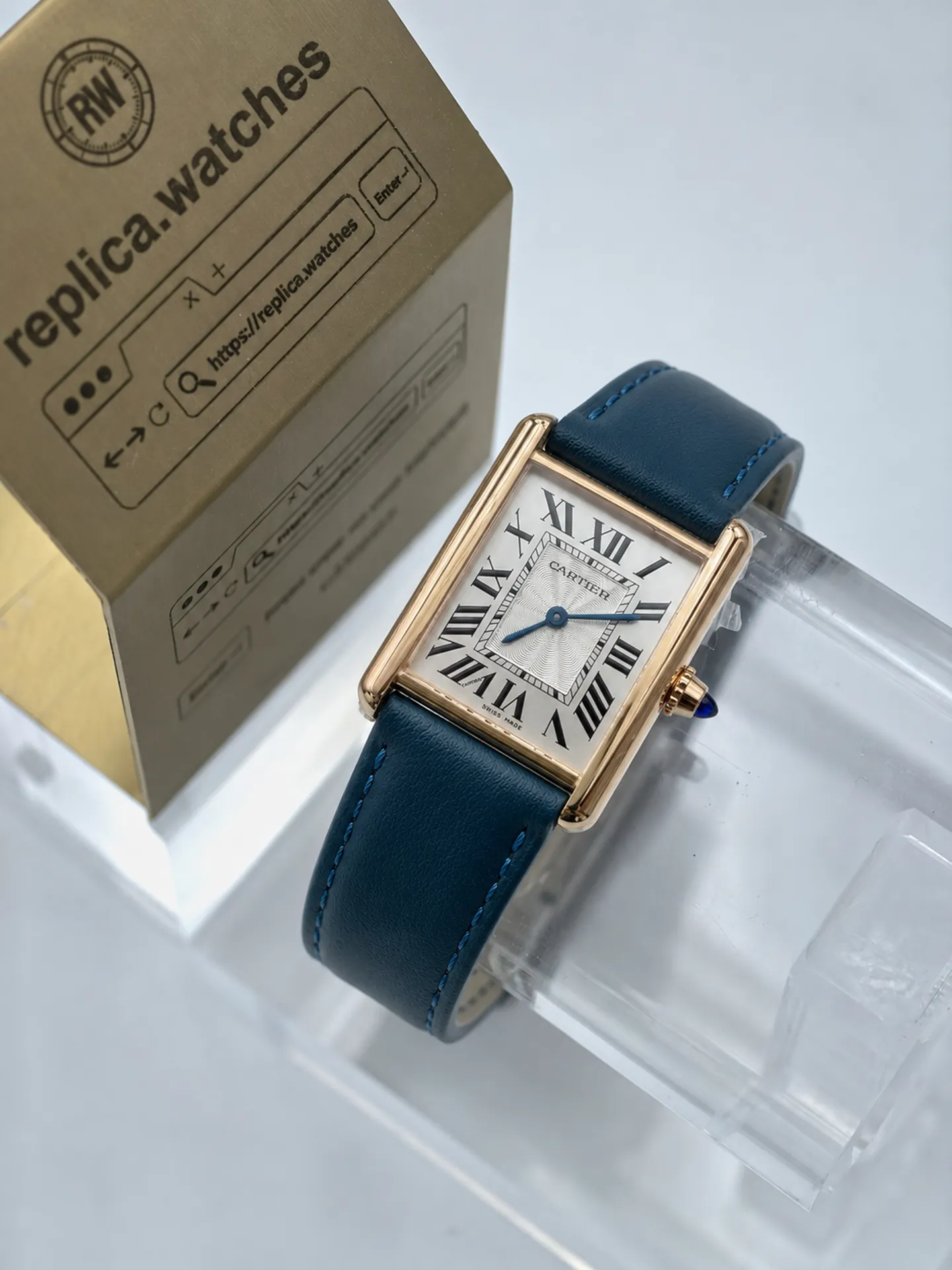 Replica Cartier Tank Louis WGTA0062 Silver Dial 33.7mm Rose Gold Blue Strap Watch