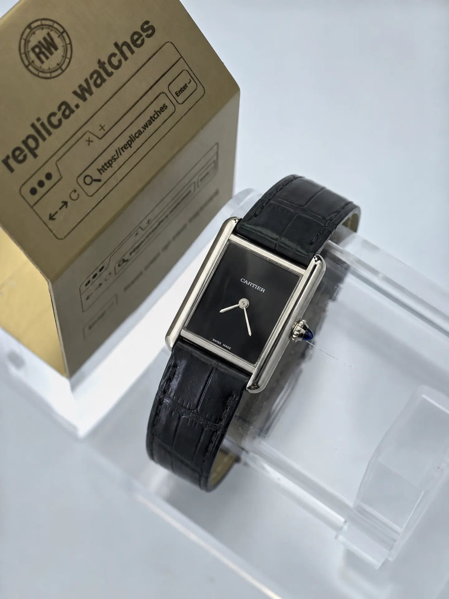 Replica Cartier Tank Must WSTA0071 Black Dial 29.5mm Steel Black Strap Watch