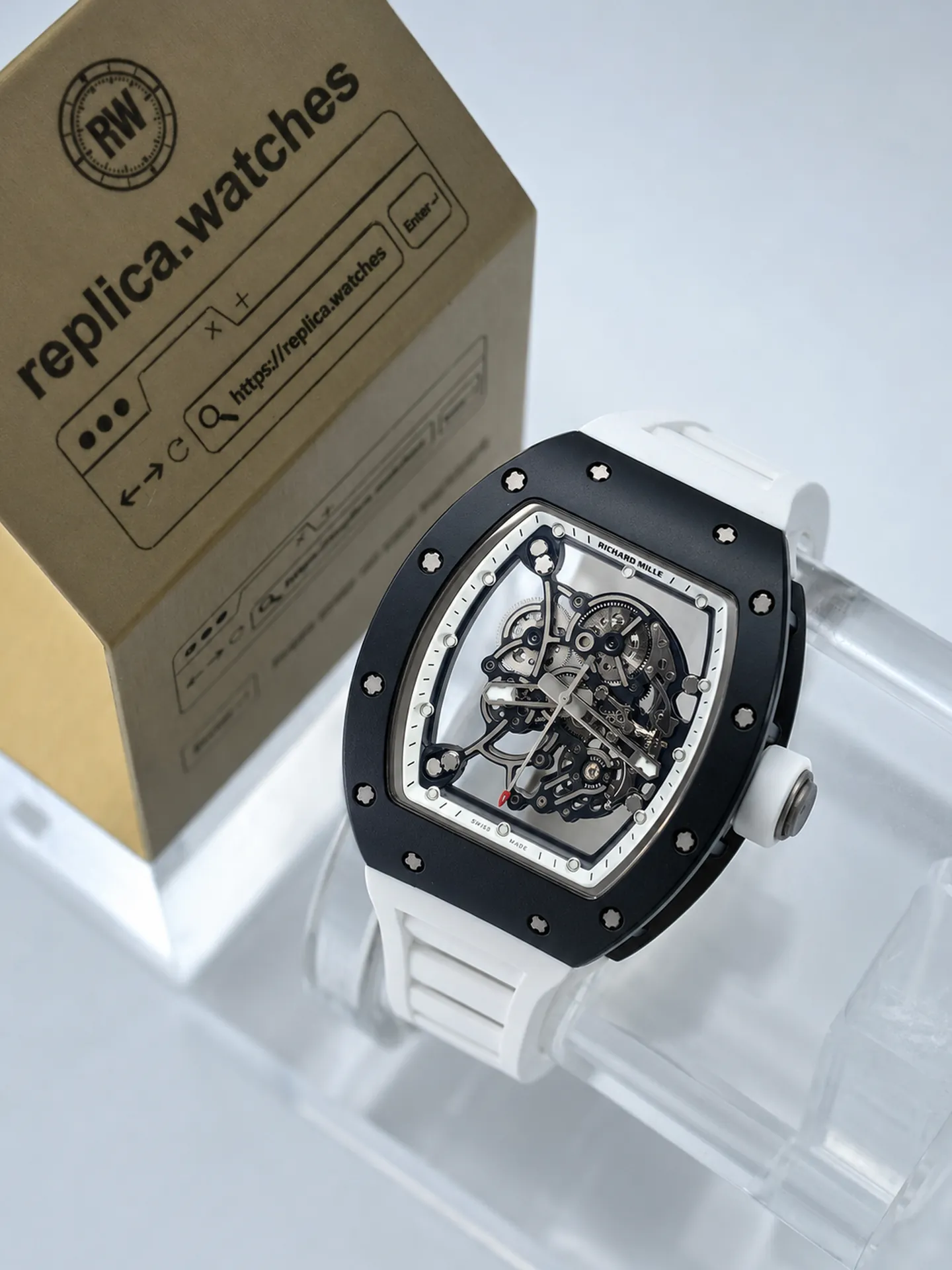 Replica Richard Mille RM 055 Bubba Watson Black Ceramic White Strap 42.7mm Watch
