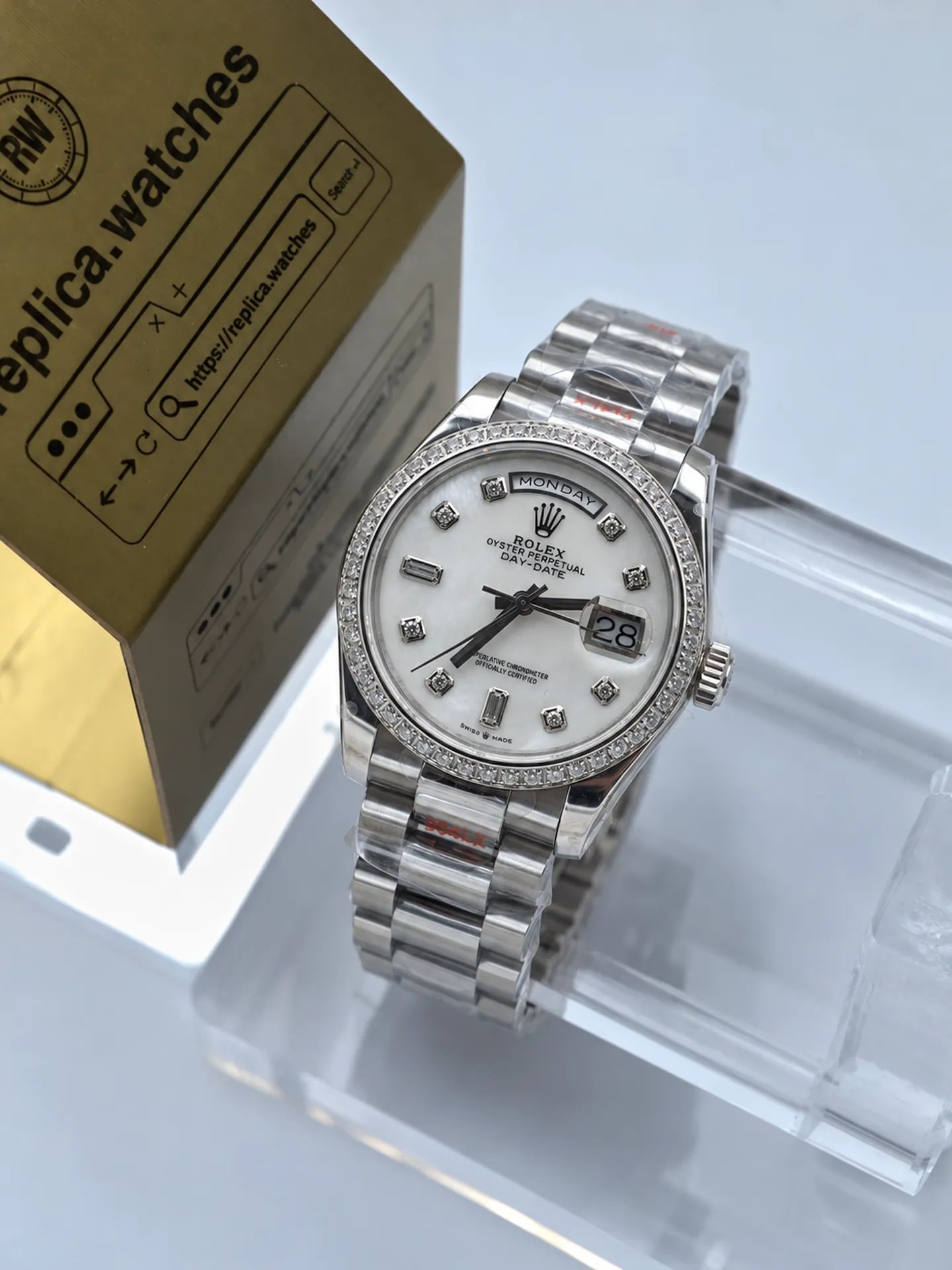 Rolex Day-Date 36mm Heavy Version M128349RBR-0004 Replica 3255 White MOP Dial Diamond Bezel President Band