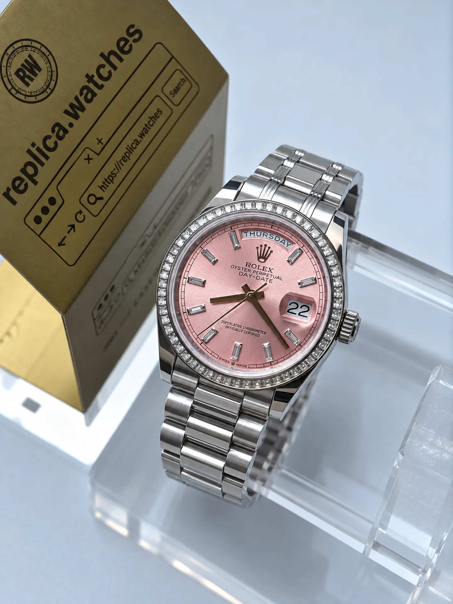 Replica Rolex Day-Date M128399TBR-0029 Pink Diamond Dial 36mm White Gold Weighted Watch