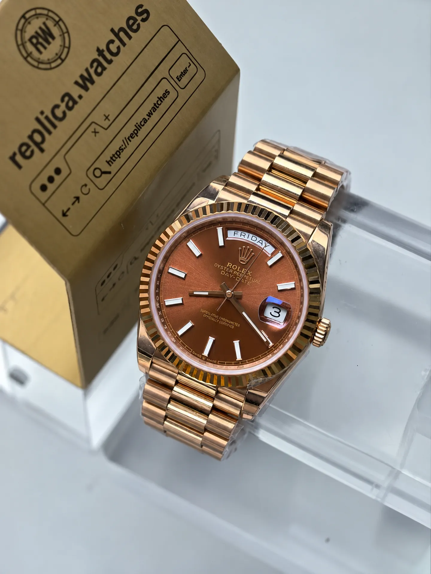 Replica Rolex Day-Date M228235-0053 Chocolate Dial 40mm Rose Gold Weighted Watch