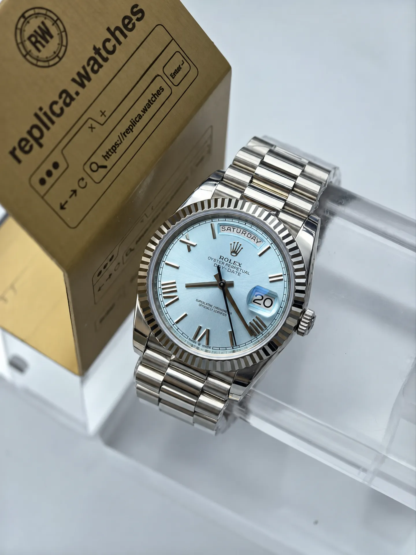 Replica Rolex Day-Date M228236-0012 Ice Blue Roman Dial 40mm Weighted Watch