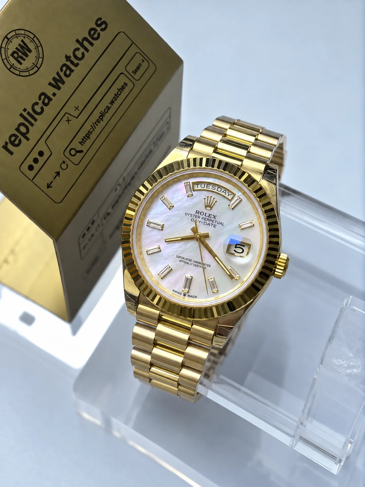 Replica Rolex Day-Date M228238-0071 Mother of Pearl Diamond Dial 40mm Yellow Gold Weighted Watch
