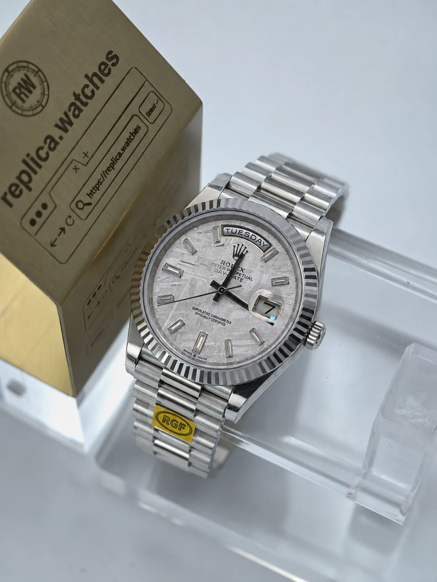 Replica Rolex Day-Date M228239-0055 Meteorite Diamond Dial 40mm White Gold Heavy Version Watch