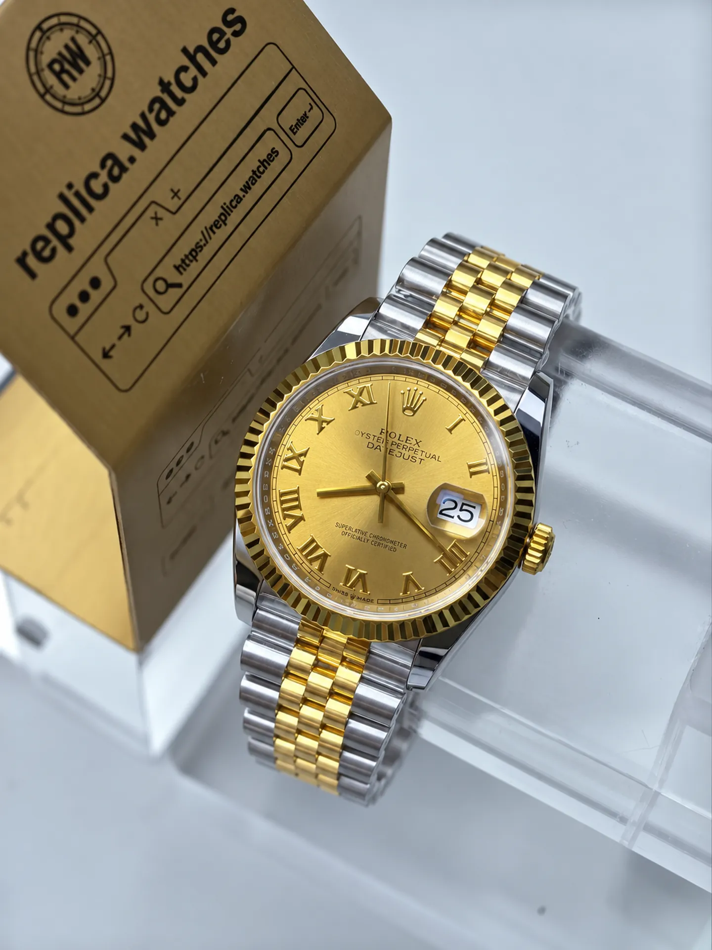 Replica Rolex Datejust 126233 Champagne Roman Dial 36mm Steel Gold Jubilee 3235 Watch