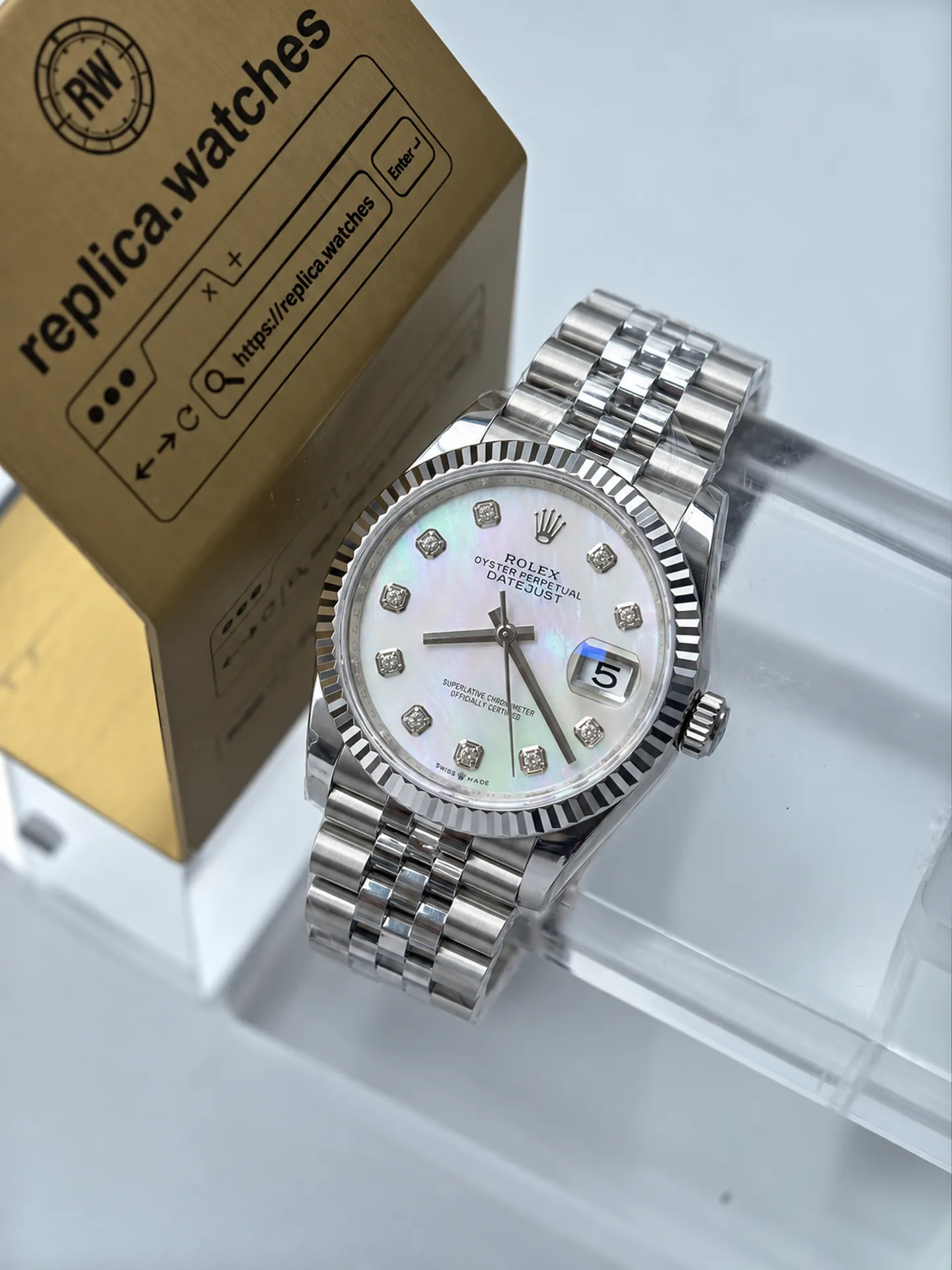 Replica Rolex Datejust M126234-0019 Mother of Pearl Diamond Dial 36mm Steel Jubilee 3235 Watch
