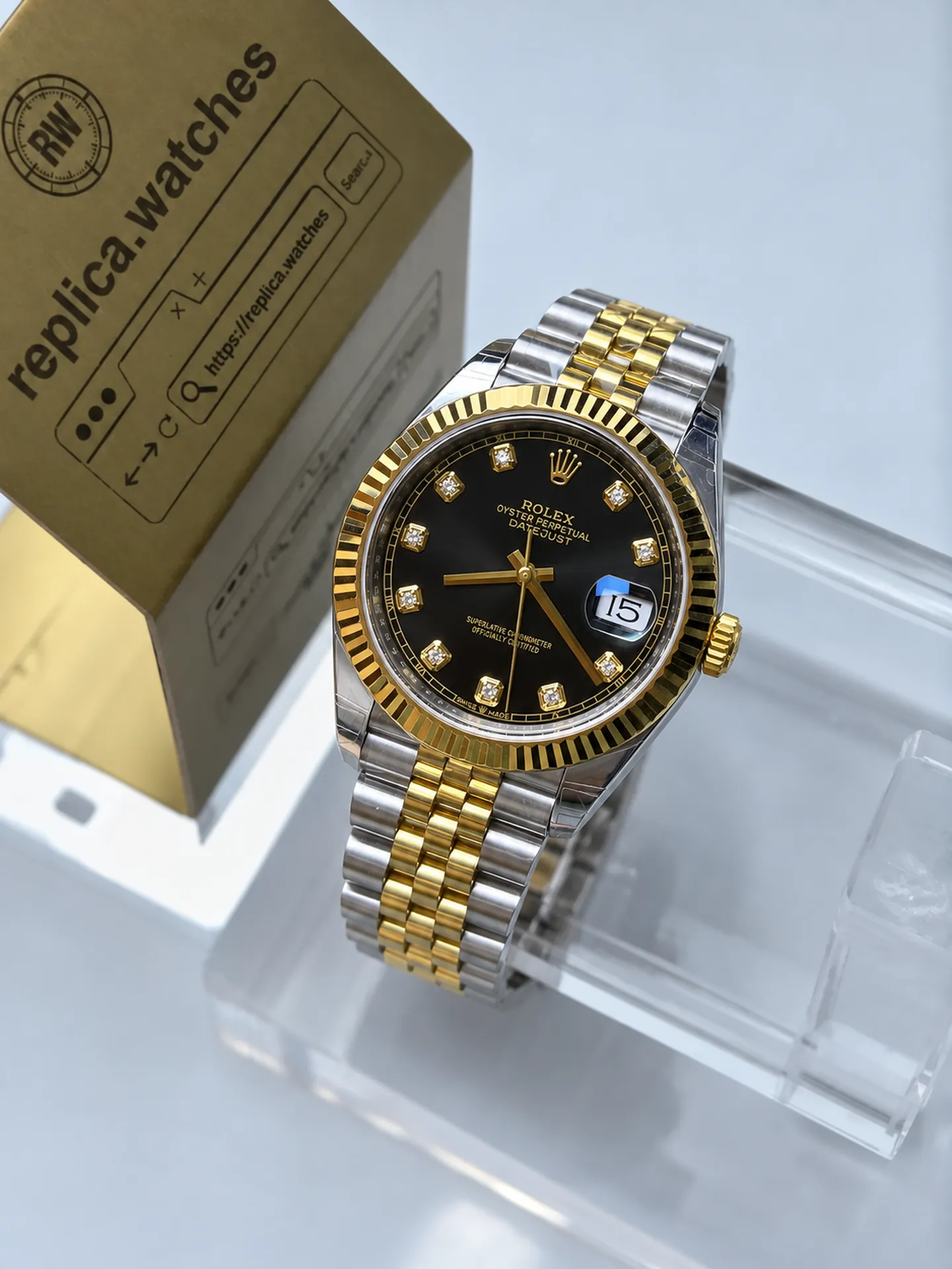 Replica Rolex Datejust M126333-0006 Black Diamond Dial 41mm Steel Gold Jubilee 3235 Weighted Watch