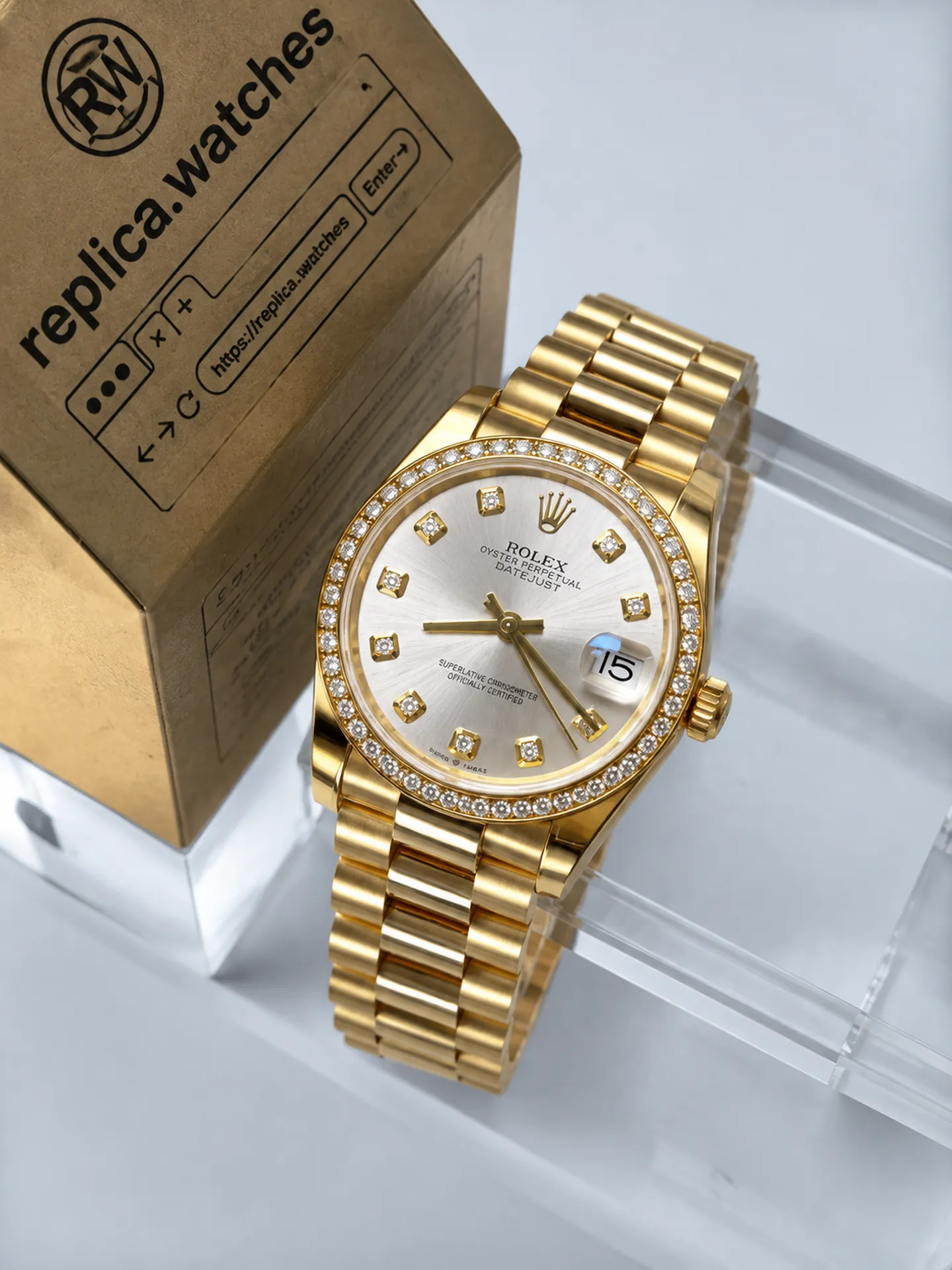 Replica Rolex Lady-Datejust M278288RBR-0028 Silver Diamond Dial 31mm Yellow Gold Watch