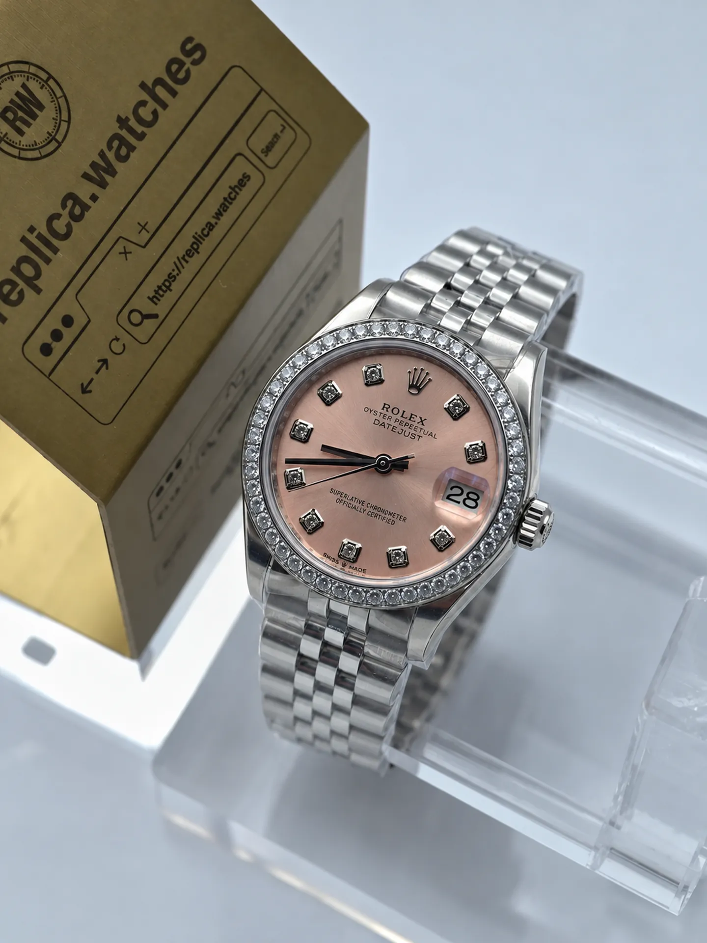 Rolex Datejust 31mm M278384RBR-0036 Replica Pink Dial Diamond Bezel Jubilee Band
