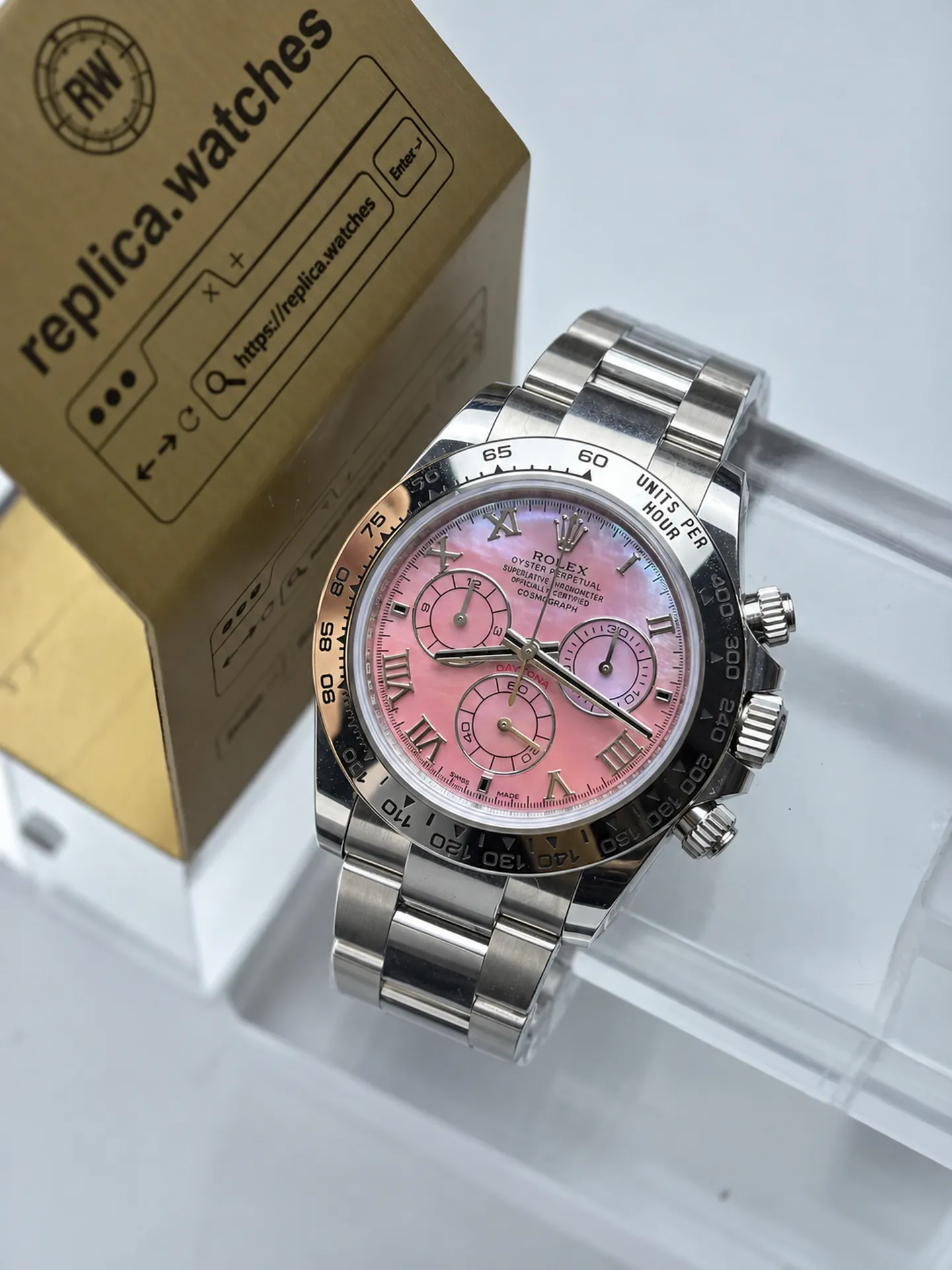 Replica Rolex Daytona 116509 Pink Mother of Pearl Roman Dial 40mm White Gold Weighted Watch
